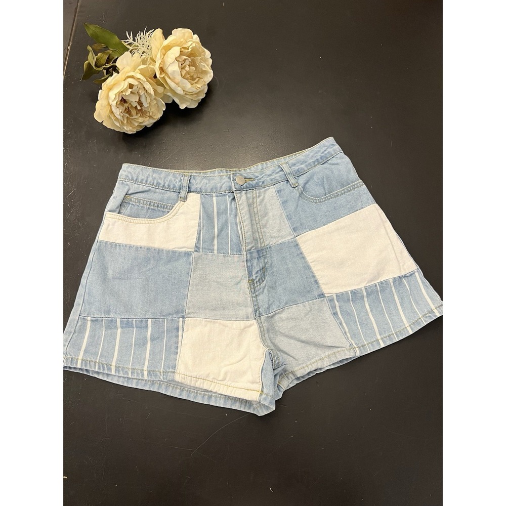 Easel NWOT Light Blue White Patchwork Striped Jean Shorts Sz L Boutique Trendy